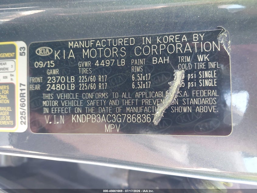 2016 Kia Sportage VIN KNDPB3AC3G7868367 IAAI salvage auction — NORMAL WEAR, Clear (Missouri), sold $1,050 on 2026-07-22 (photo 9)
