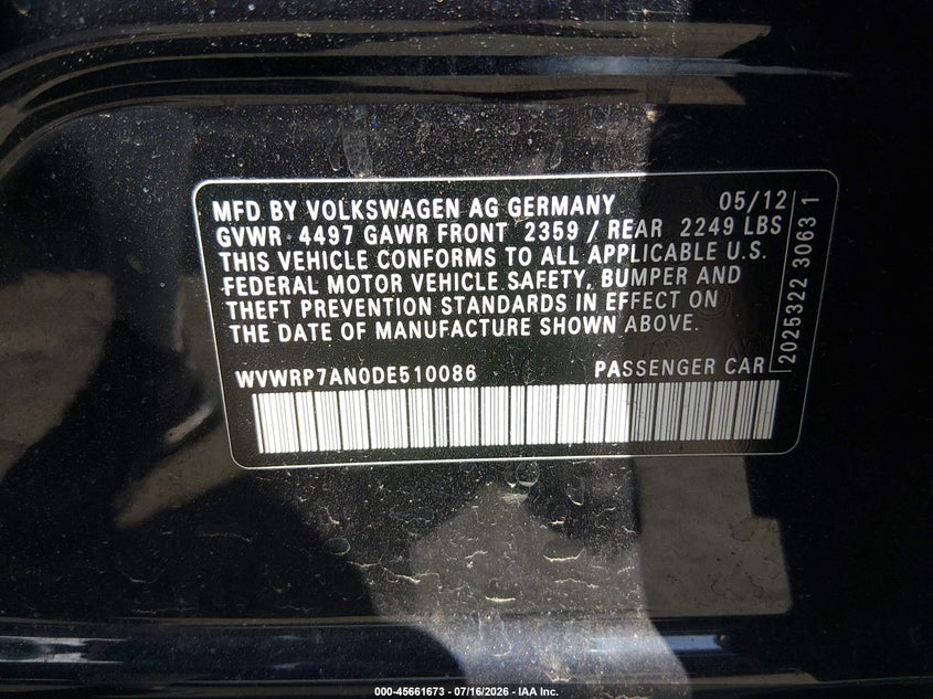 2013 Volkswagen Cc VIN WVWRP7AN0DE510086 IAAI salvage auction — NORMAL WEAR, Clear (Nevada), sold $375 on 2026-07-31 (photo 9)