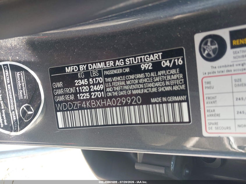 2017 Mercedes-benz E-klasse VIN WDDZF4KBXHA029920 IAAI salvage auction — REAR END, Salvage - 75% Or Less (Maryland), sold $7,400 on 2026-08-06 (photo 9)