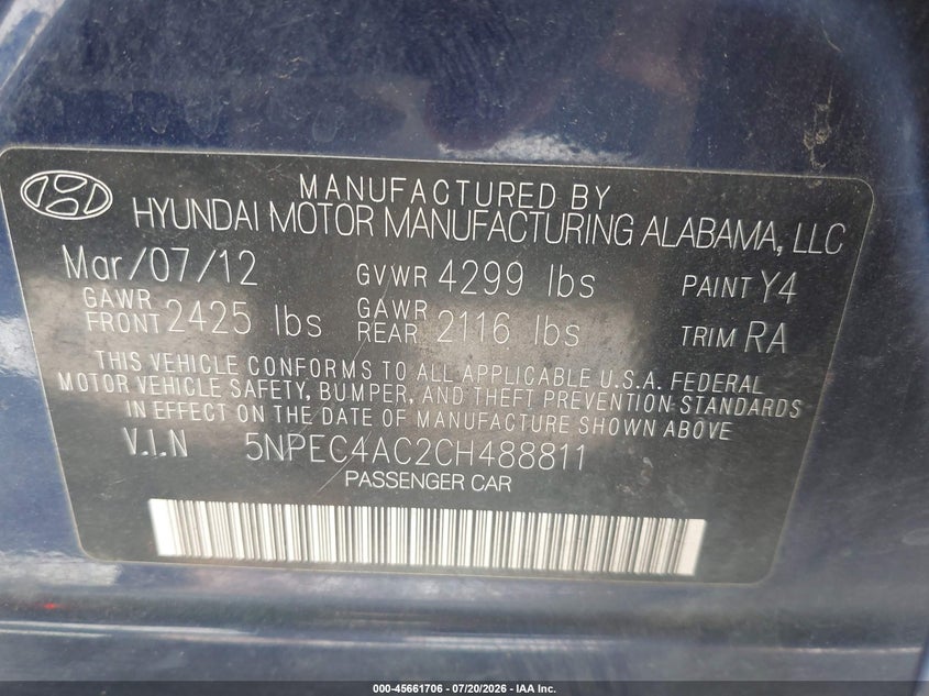 2012 Hyundai Sonata VIN 5NPEC4AC2CH488811 IAAI salvage auction — NORMAL WEAR, Original (Texas), sold $725 on 2026-08-01 (photo 9)