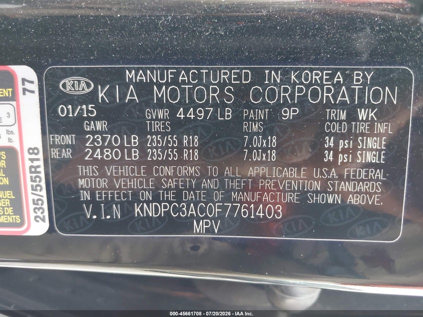2015 Kia Sportage VIN KNDPC3AC0F7761403 IAAI salvage auction — NORMAL WEAR, Clear - Dealer Only (California), sold $875 on 2026-07-28 (photo 9)