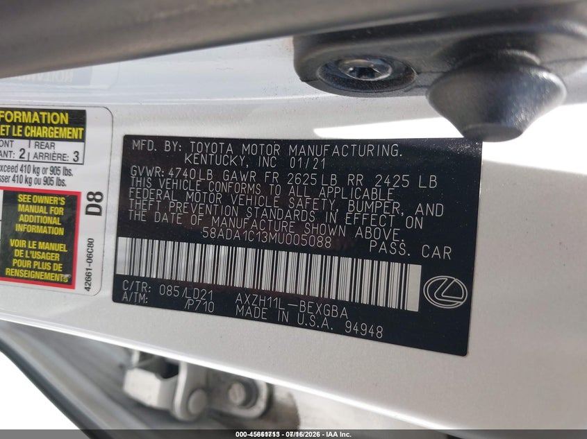 2021 Lexus Es 300h VIN 58ADA1C13MU005088 IAAI salvage auction — RIGHT FRONT, Salvage (California), sold $14,850 on 2026-07-29 (photo 9)