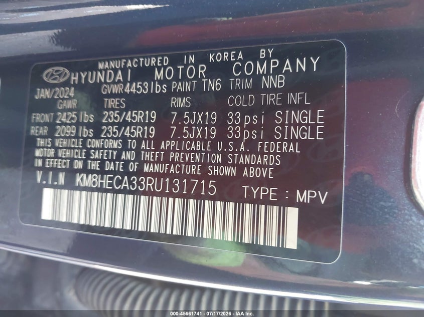 2024 Hyundai Kona VIN KM8HECA33RU131715 IAAI salvage auction — FRONT END, Salvage Title, sold $15,000 on 2026-07-22 (photo 9)