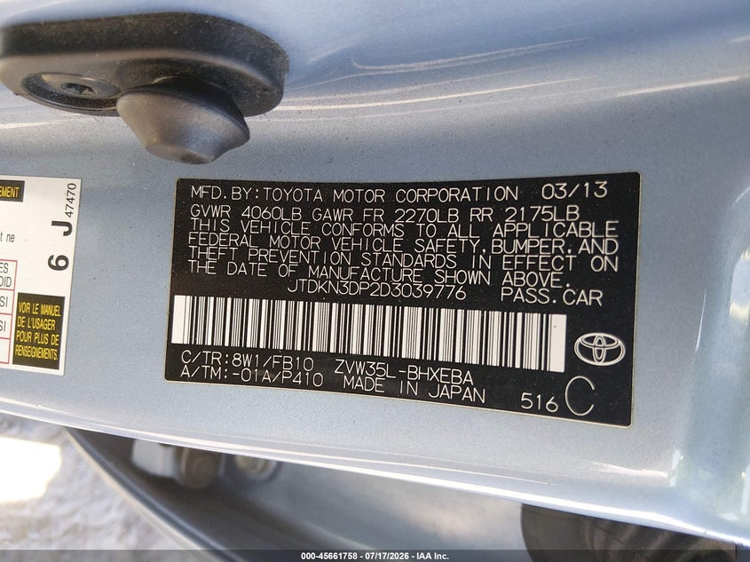 2013 Toyota Prius VIN JTDKN3DP2D3039776 IAAI salvage auction — NORMAL WEAR, Clear - Dealer Only (California), sold $3,150 on 2026-07-22 (photo 9)