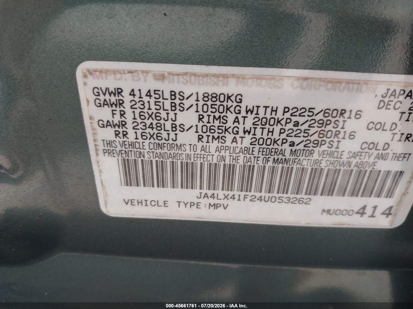 2004 Mitsubishi Outlander VIN JA4LX41F24U053262 IAAI salvage auction — NORMAL WEAR, Clear (Florida), sold $375 on 2026-07-30 (photo 9)