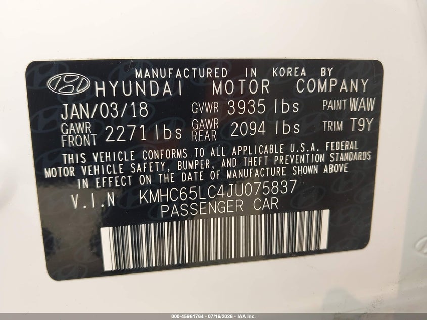 2018 Hyundai Ioniq hybrid VIN KMHC65LC4JU075837 IAAI salvage auction — NORMAL WEAR, Sf97 (New York), sold $7,825 on 2026-08-20 (photo 9)