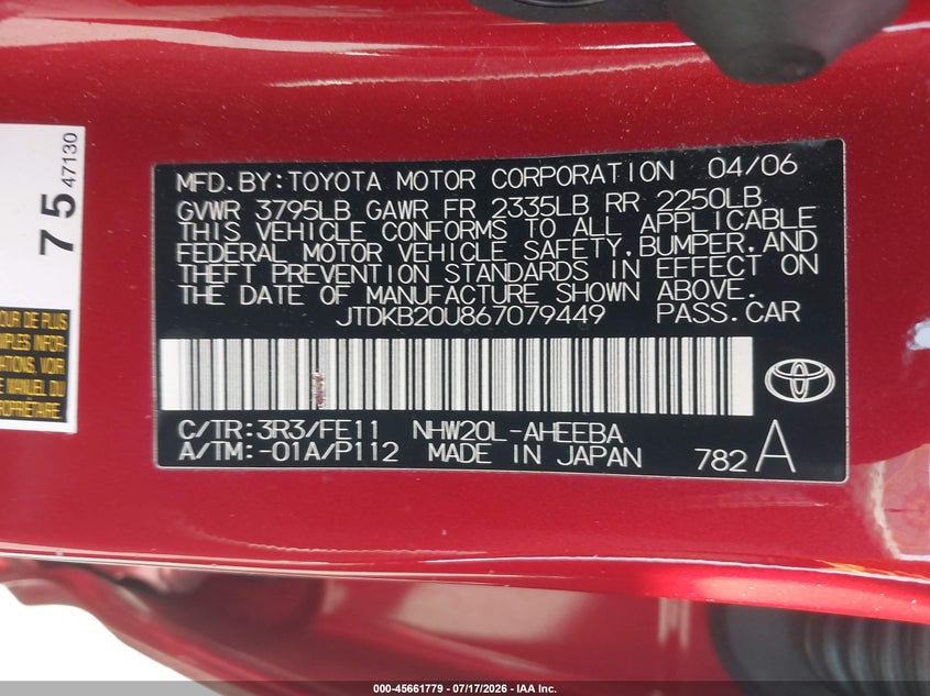2006 Toyota Prius VIN JTDKB20U867079449 IAAI salvage auction — FRONT END, Salvage Certificate (California), sold $1,075 on 2026-07-31 (photo 9)