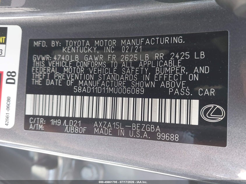 2021 Lexus ES VIN 58AD11D11MU006089 IAAI salvage auction — REAR END, Wait Title, sold $9,200 on 2026-08-27 (photo 9)