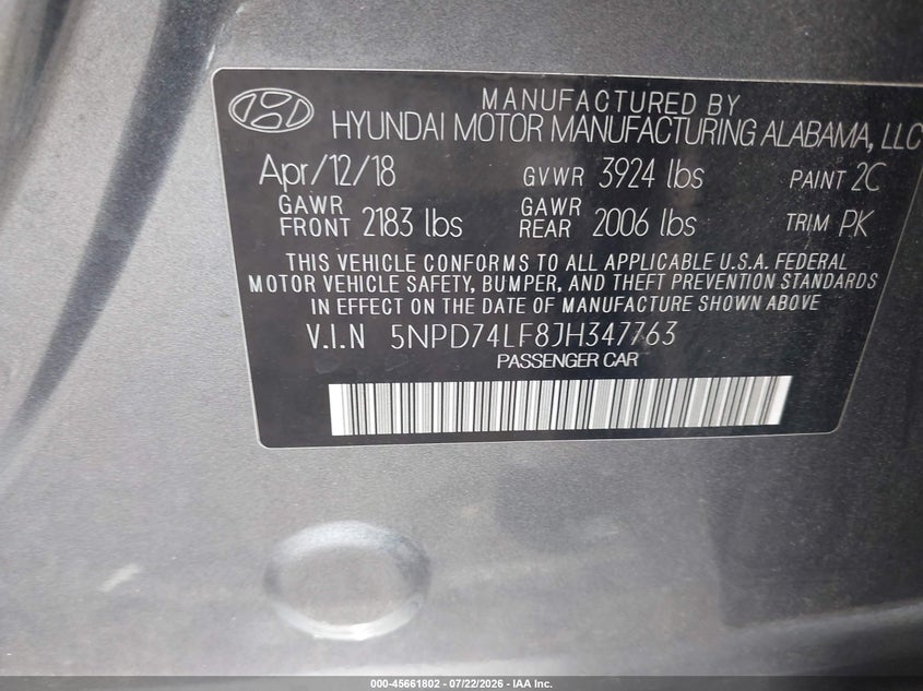2018 Hyundai Elantra VIN 5NPD74LF8JH347763 IAAI salvage auction — FRONT END, Rebuildable (Florida), sold $1,250 on 2026-07-30 (photo 9)