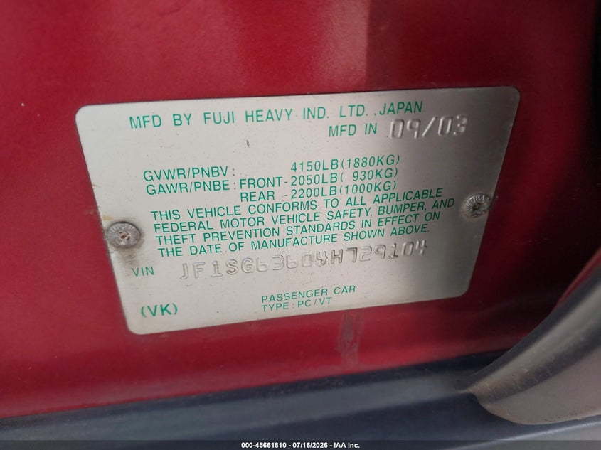2004 Subaru Forester VIN JF1SG63604H729104 IAAI salvage auction — FRONT END, Clear (Georgia), sold $250 on 2026-07-31 (photo 9)
