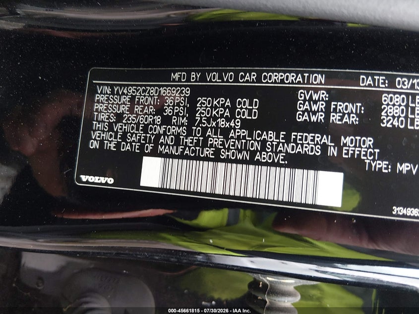 2013 Volvo Xc90 VIN YV4952CZ8D1669239 IAAI salvage auction — NORMAL WEAR, Salvage Title, sold $1,800 on 2026-08-11 (photo 9)