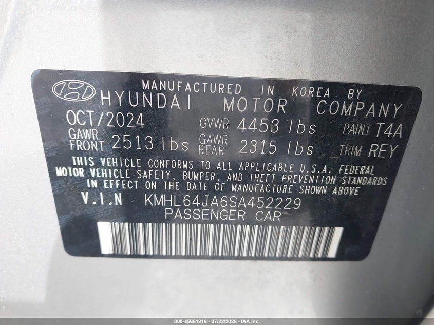 2025 Hyundai Sonata VIN KMHL64JA6SA452229 IAAI salvage auction — LEFT FRONT, Enterprise Vehicles Clear Only (Florida), sold $25 on 2026-07-29 (photo 9)