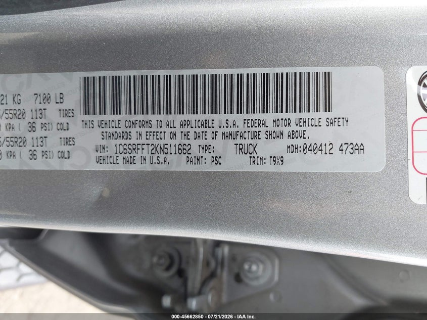 2019 Ram 1500 VIN 1C6SRFFT2KN511662 IAAI salvage auction — REAR END, Salvage (Idaho), sold $6,000 on 2026-09-06 (photo 9)