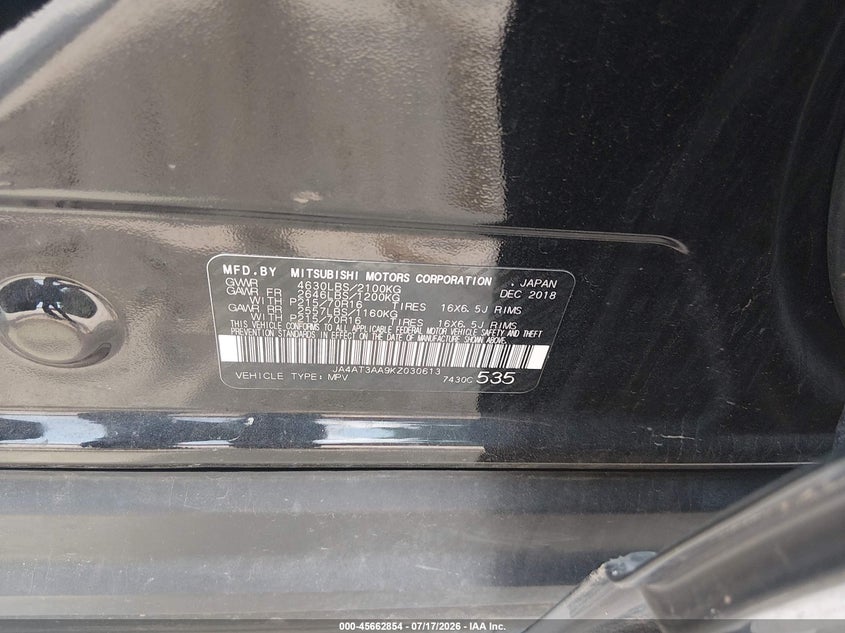 2019 Mitsubishi Eclipse cross VIN JA4AT3AA9KZ030613 IAAI salvage auction — FRONT END, Salvage Title, sold $1,675 on 2026-09-02 (photo 9)