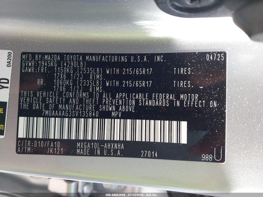 2025 Toyota Corolla cross VIN 7MUAAAAG3SV135840 IAAI salvage auction — REAR END, Wait Title, sold $12,450 on 2026-08-24 (photo 9)