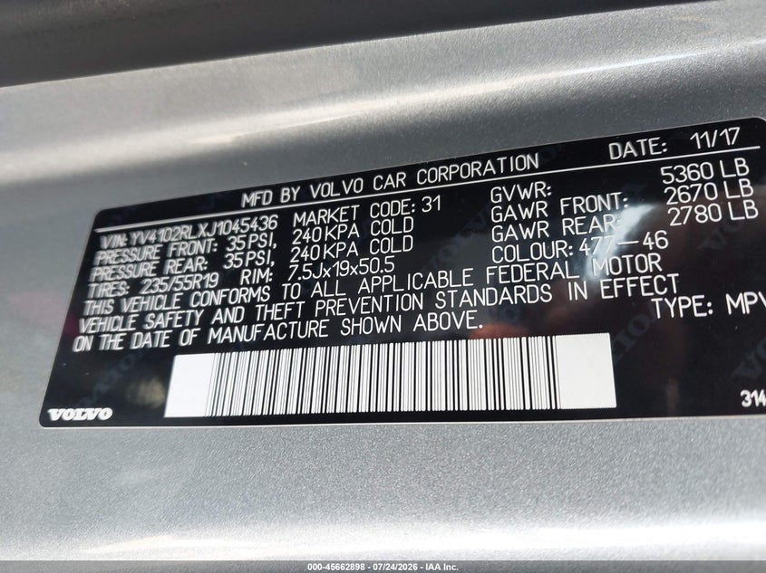 2018 Volvo Xc60 VIN YV4102RLXJ1045436 IAAI salvage auction — SIDE, Wait Title, sold $6,100 on 2026-08-20 (photo 9)