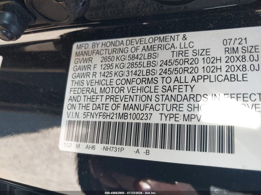 2021 Honda Pilot VIN 5FNYF6H21MB100237 IAAI salvage auction — REAR END, Salvage (Ohio), sold $7,700 on 2026-09-01 (photo 9)