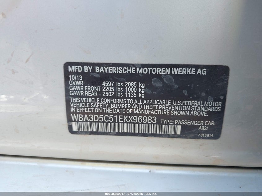 2014 BMW 3er VIN WBA3D5C51EKX96983 IAAI salvage auction — NORMAL WEAR, Clear (Utah), sold $2,075 on 2026-08-14 (photo 9)