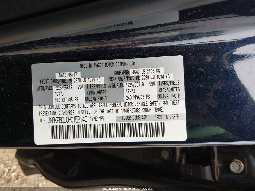 2017 Mazda Cx-5 VIN JM3KFBDL0H0158140 IAAI salvage auction — NORMAL WEAR, Salvage Title, sold $6,850 on 2026-07-30 (photo 9)