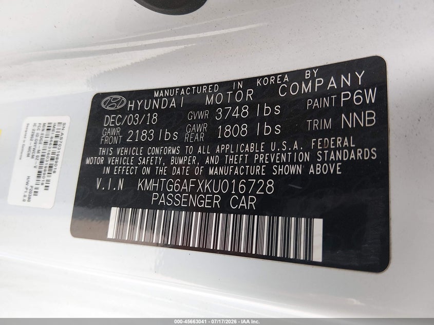 2019 Hyundai Veloster VIN KMHTG6AFXKU016728 IAAI salvage auction — NORMAL WEAR, Clear (Indiana), sold $1,325 on 2026-07-22 (photo 9)
