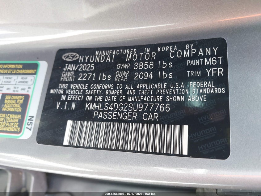 2025 Hyundai Elantra VIN KMHLS4DG2SU977766 IAAI salvage auction — WATER/FLOOD, Rebuildable (Florida), sold $2,550 on 2026-07-22 (photo 9)