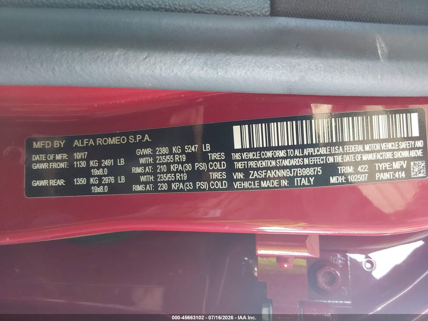 2018 Alfa romeo Stelvio VIN ZASFAKNN9J7B98875 IAAI salvage auction — NORMAL WEAR, Clear-Dealer Only (Arizona), sold $25 on 2026-07-28 (photo 9)