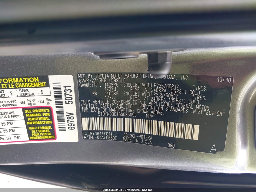 2011 Toyota Sienna VIN 5TDKK3DC4BS085093 IAAI salvage auction — REAR END, Original (Texas), sold $1,300 on 2026-07-29 (photo 9)