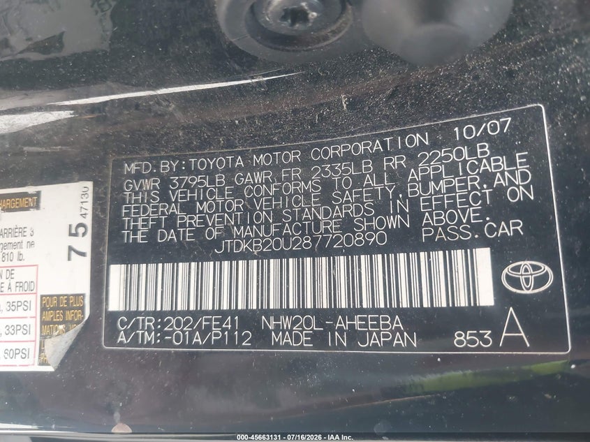 2008 Toyota Prius VIN JTDKB20U287720890 IAAI salvage auction — NORMAL WEAR, Rebuilt/Restored (Utah), sold $250 on 2026-07-30 (photo 9)