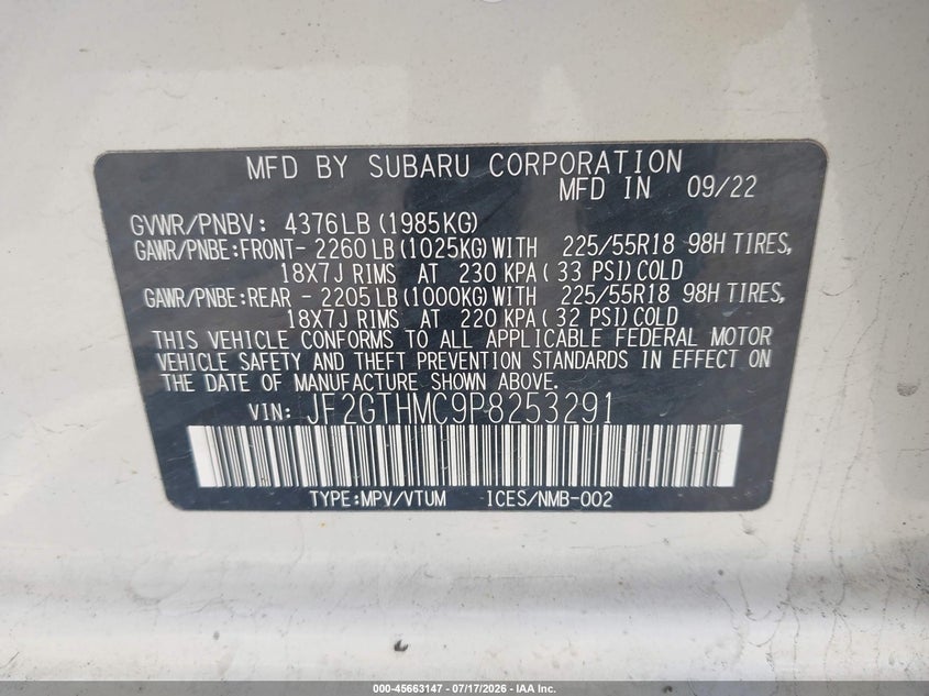 2023 Subaru Xv VIN JF2GTHMC9P8253291 IAAI salvage auction — STORM DAMAGE, Salvage Title, sold $4,000 on 2026-07-22 (photo 9)