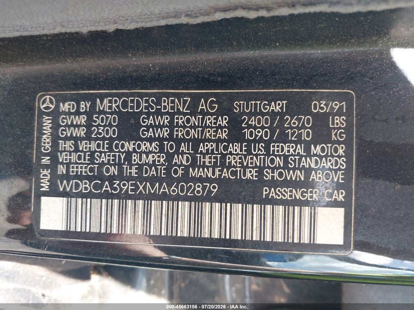1991 Mercedes-benz 560 VIN WDBCA39EXMA602879 IAAI salvage auction — NORMAL WEAR, Clear (Florida), sold $575 on 2026-07-30 (photo 9)