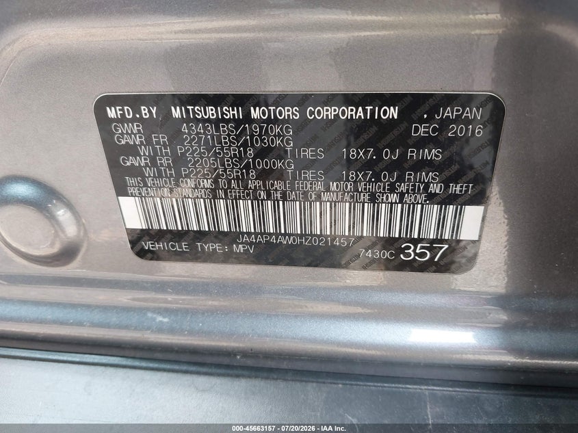 2017 Mitsubishi Outlander VIN JA4AP4AW0HZ021457 IAAI salvage auction — FRONT END, Original (West Virginia), sold $2,000 on 2026-07-22 (photo 9)