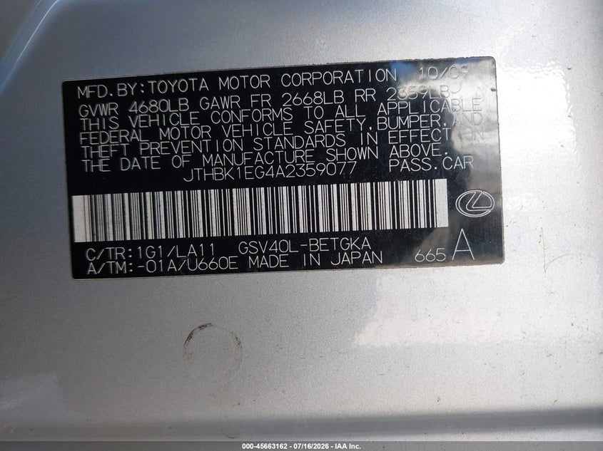 2010 Lexus Es 350 VIN JTHBK1EG4A2359077 IAAI salvage auction — NORMAL WEAR, Clear - Dealer Only (California), sold $225 on 2026-07-22 (photo 9)