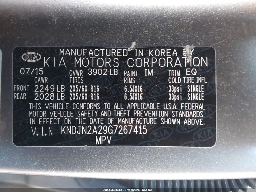 2016 Kia Soul VIN KNDJN2A29G7267415 IAAI salvage auction — ENGINE DAMAGE, Clear (Georgia), sold $275 on 2026-07-31 (photo 9)