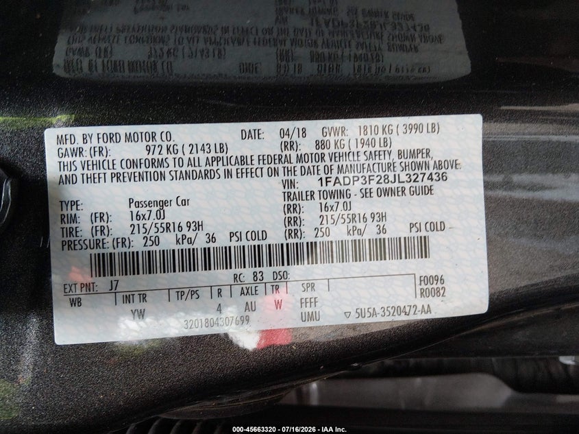 2018 Ford Focus VIN 1FADP3F28JL327436 IAAI salvage auction — NORMAL WEAR, SF97 (Oregon), sold $7,850 on 2026-08-26 (photo 9)