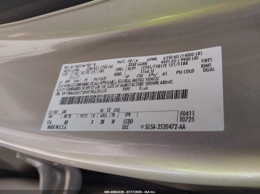 2017 Ford F350 VIN 1FT8W3DT2HEB22039 IAAI salvage auction — FRONT END, Clear (Oklahoma), sold $9,100 on 2026-07-29 (photo 8)