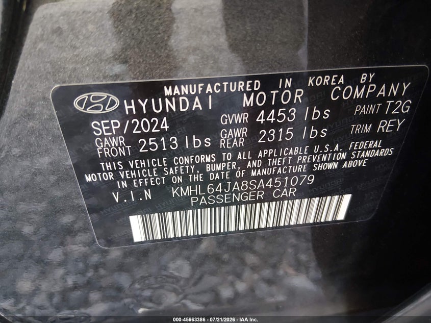 2025 Hyundai Sonata VIN KMHL64JA8SA451079 IAAI salvage auction — FRONT END, Certificate Of Destruction (Florida), sold $4,050 on 2026-07-24 (photo 9)