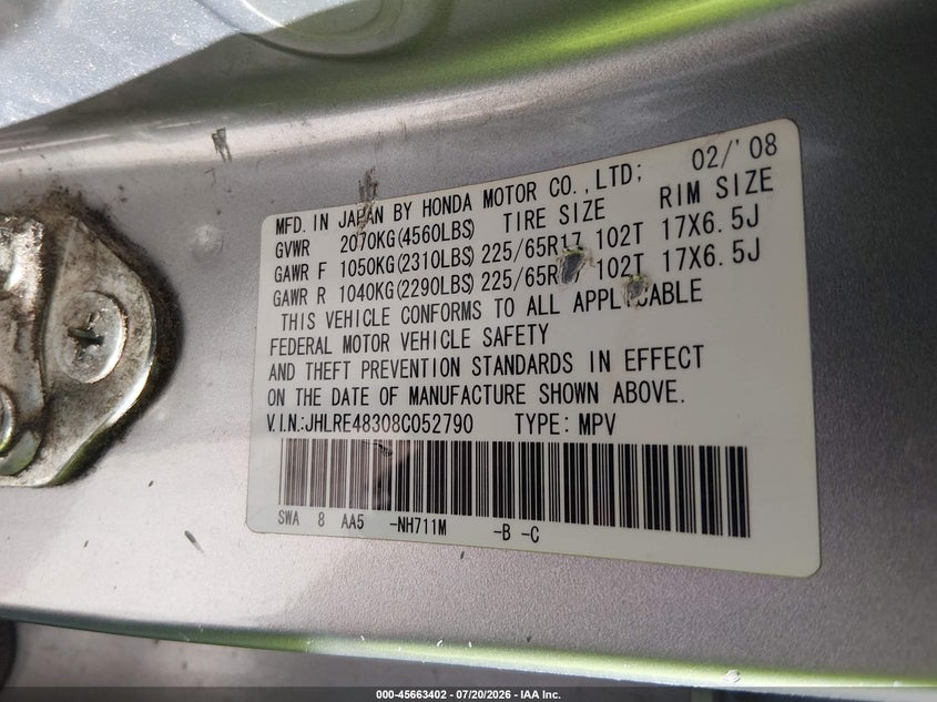 2008 Honda Cr-v VIN JHLRE48308C052790 IAAI salvage auction — NORMAL WEAR, Clear (New Mexico), sold $675 on 2026-07-29 (photo 9)