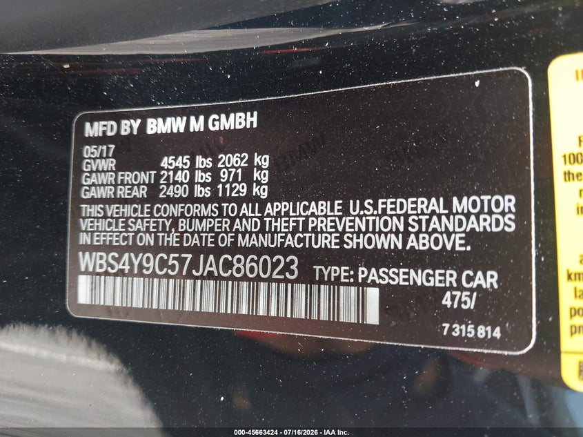 2018 BMW M4 VIN WBS4Y9C57JAC86023 IAAI salvage auction — RIGHT REAR, Salvage (Arizona), sold $9,000 on 2026-07-29 (photo 9)