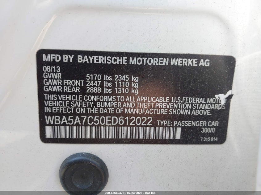 2014 BMW 5er VIN WBA5A7C50ED612022 IAAI salvage auction — REAR END, Salvage (Massachusetts), sold $1,050 on 2026-09-10 (photo 9)