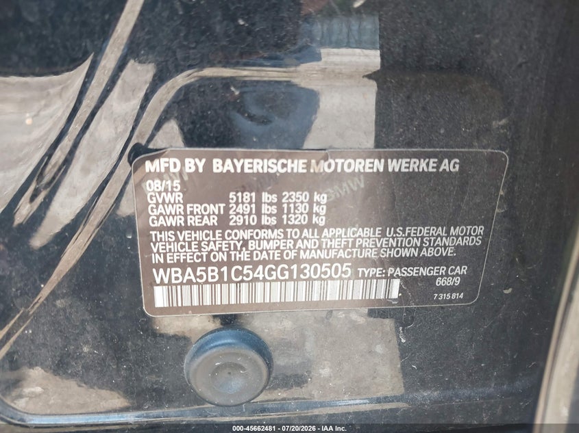 2016 BMW 5er VIN WBA5B1C54GG130505 IAAI salvage auction — FRONT END, Salvage Title, sold $4,300 on 2026-08-20 (photo 9)