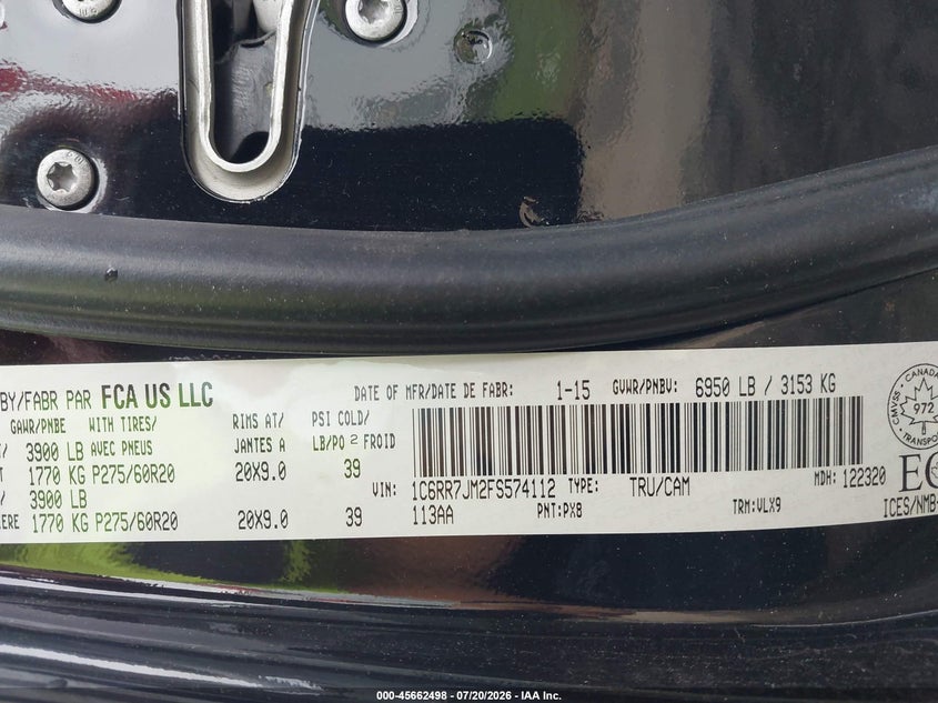 2015 Ram 1500 VIN 1C6RR7JM2FS574112 IAAI salvage auction — MECHANICAL, Clear (Virginia), sold $1,400 on 2026-08-15 (photo 9)