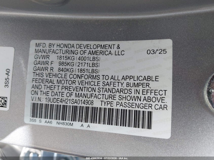 2025 Acura Integra VIN 19UDE4H21SA014908 IAAI salvage auction — WATER/FLOOD, Salvage Title, sold $13,650 on 2026-09-09 (photo 9)