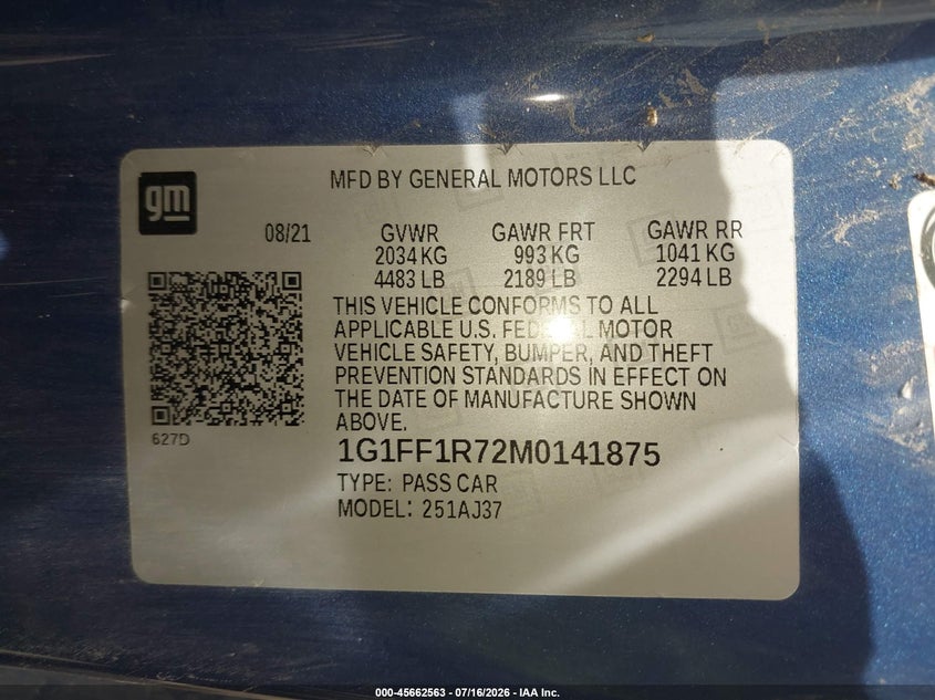 2021 Chevrolet Camaro VIN 1G1FF1R72M0141875 IAAI salvage auction — REPOSSESSION, Original (Texas), sold $7,350 on 2026-07-28 (photo 9)