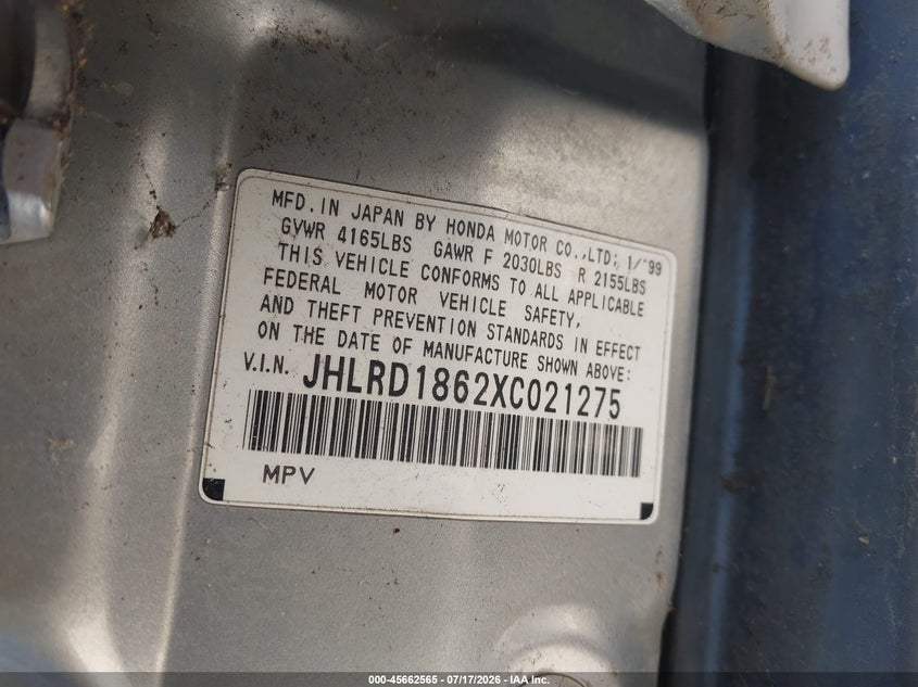 1999 Honda Cr-v VIN JHLRD1862XC021275 IAAI salvage auction — NORMAL WEAR, Clear - Dealer Only (California), sold $700 on 2026-07-30 (photo 9)