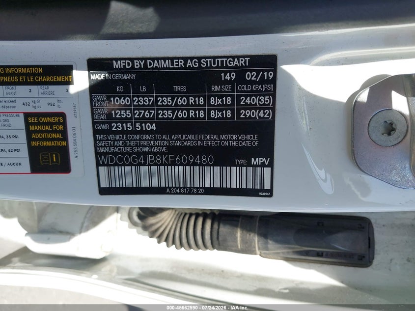 2019 Mercedes-benz Glc VIN WDC0G4JB8KF609480 IAAI salvage auction — Unknown, Salvage Title, sold $25 on 2026-08-27 (photo 9)