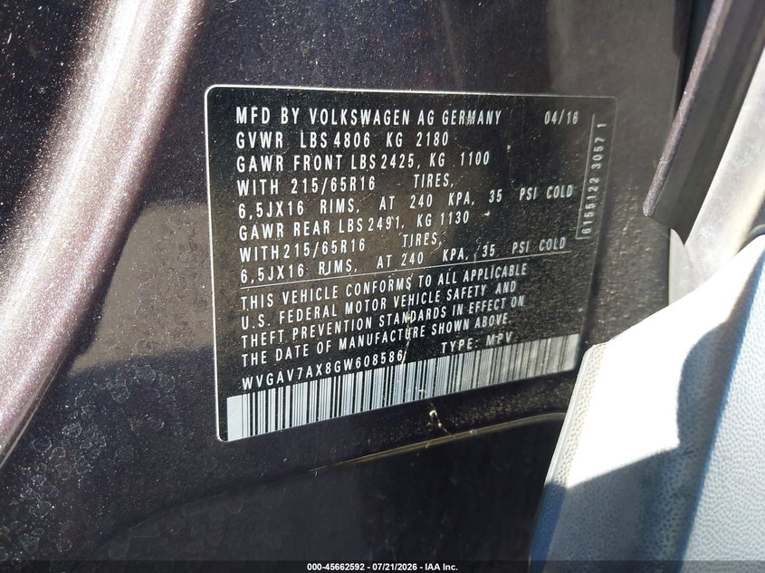2016 Volkswagen Tiguan VIN WVGAV7AX8GW608586 IAAI salvage auction — REAR END, Wait Title, sold $1,300 on 2026-08-06 (photo 9)