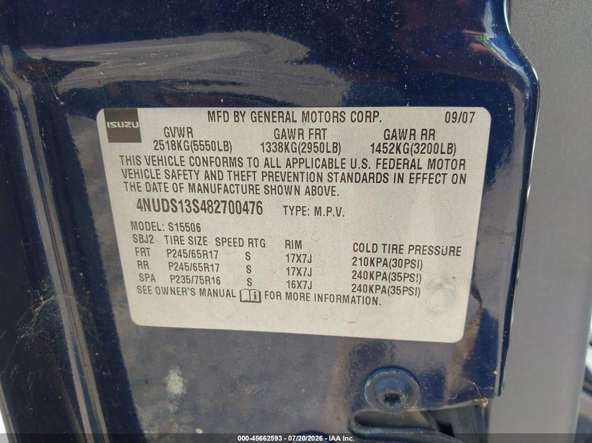 2008 Isuzu Ascender VIN 4NUDS13S482700476 IAAI salvage auction — NORMAL WEAR, Clear (North Carolina), sold $100 on 2026-07-31 (photo 9)