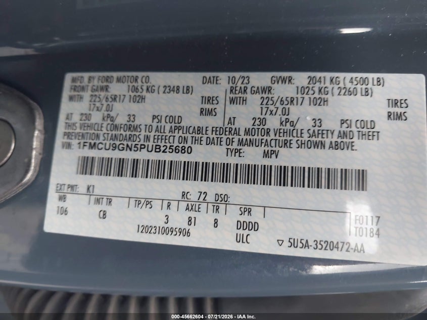 2023 Ford Escape VIN 1FMCU9GN5PUB25680 IAAI salvage auction — WATER/FLOOD, Salvage Title, sold $6,800 on 2026-07-25 (photo 9)