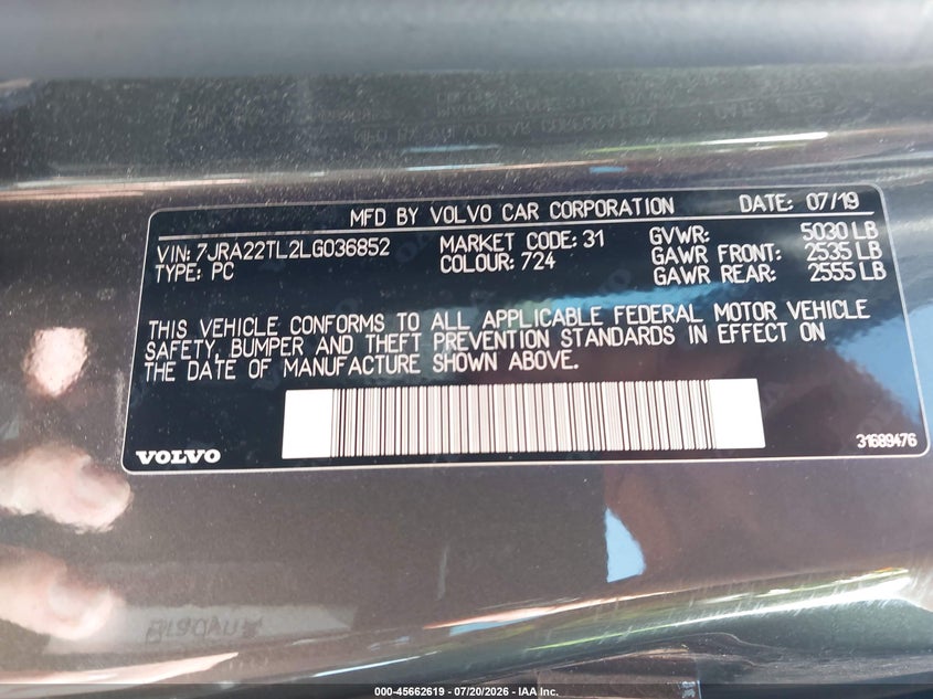 2020 Volvo S60 VIN 7JRA22TL2LG036852 IAAI salvage auction — FRONT END, Salvage Title, sold $5,100 on 2026-08-16 (photo 9)