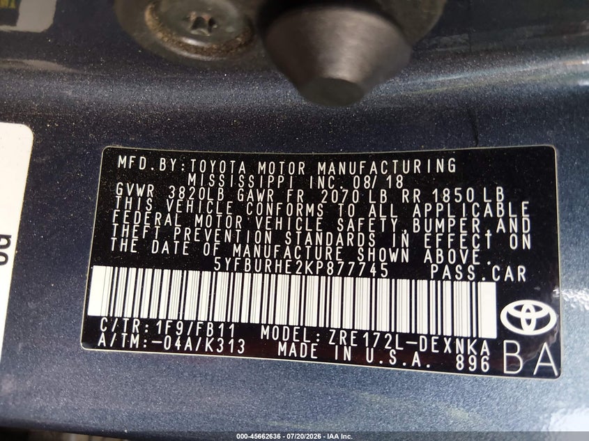 2019 Toyota Corolla VIN 5YFBURHE2KP877745 IAAI salvage auction — FRONT END, Salvage Title, sold $3,450 on 2026-08-02 (photo 9)